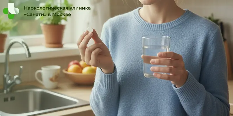 Девушка принимает таблетки